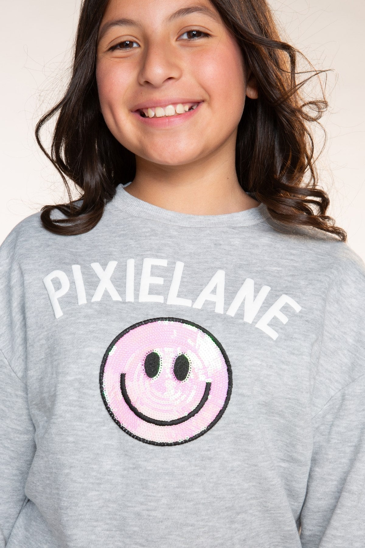 Cloud Soft French Terry Heavyweight Long Sleeve Crew Sweatshirt - Heather Grey PixieLane Sequin Smile - NEW!