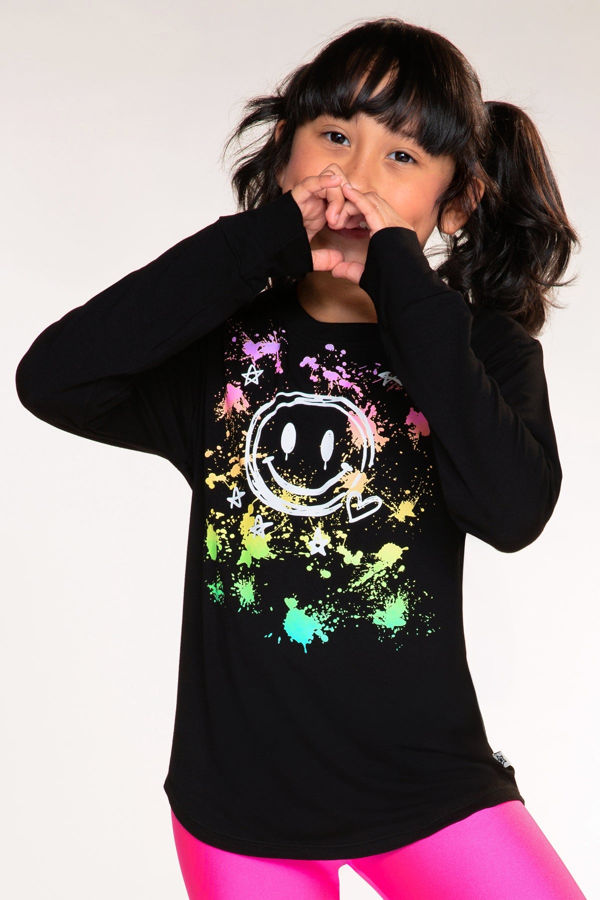 Modal Long Sleeve Shirttail Top - Black Smile Rainbow Splatter - NEW!