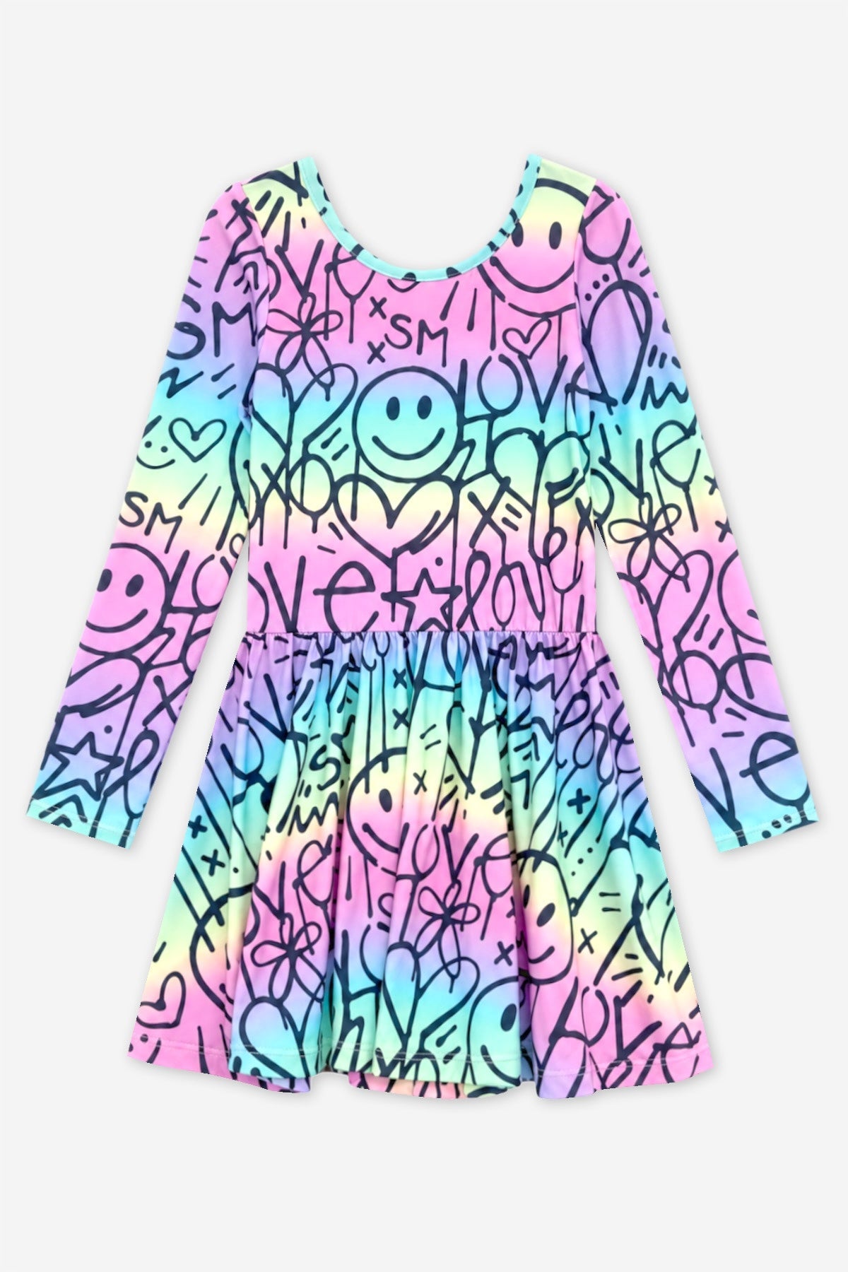 Simply Soft Long Sleeve Scoop Back Be Happy Dress - Rainbow Ombre Love Smile Graffiti - NEW!