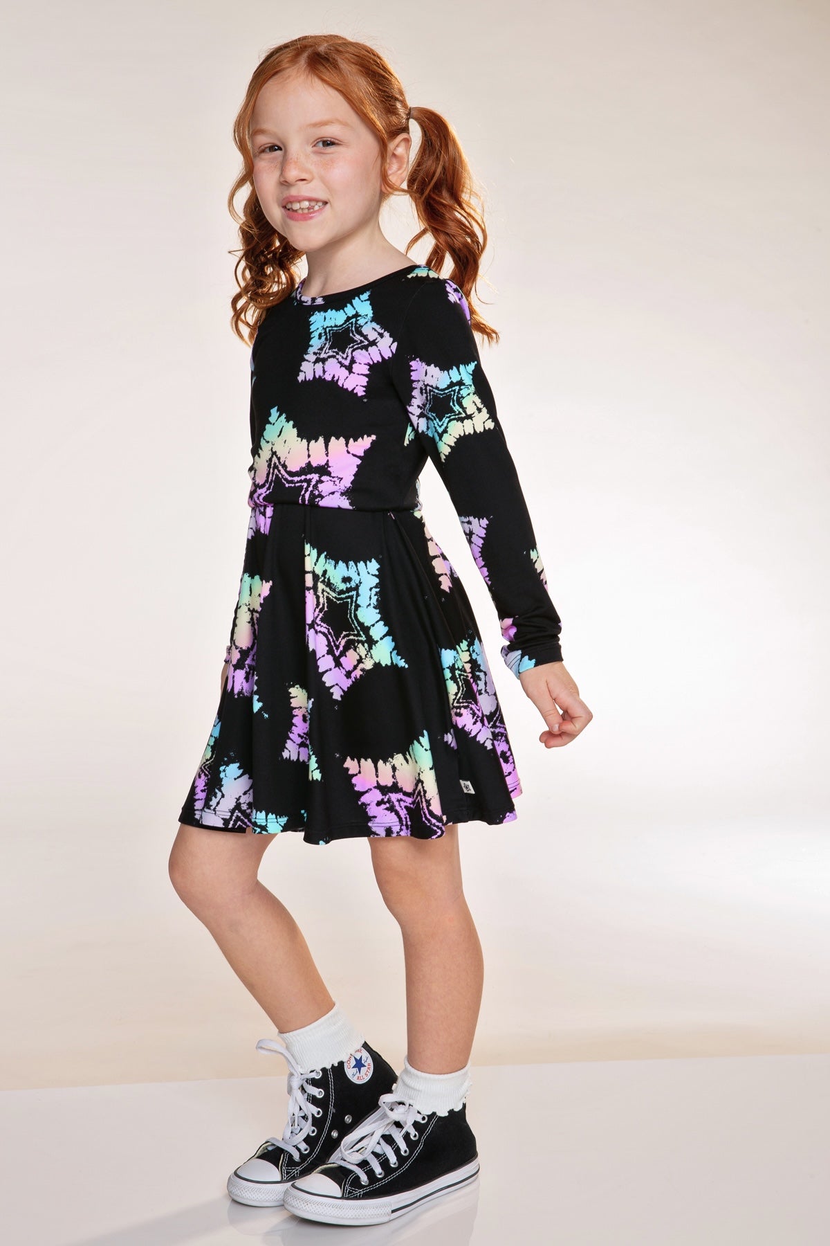 Simply Soft Long Sleeve Skater Dress - Black Rainbow Tie Dye Star - NEW!