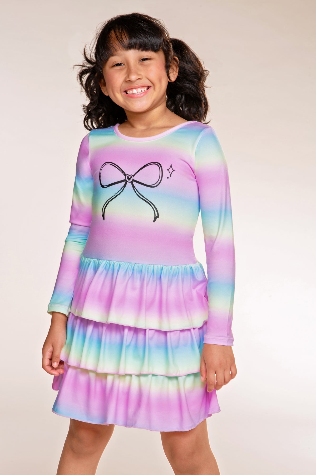 Simply Soft Long Sleeve Triple Ruffle Skirt Dress - Rainbow Gradient Bow - NEW!