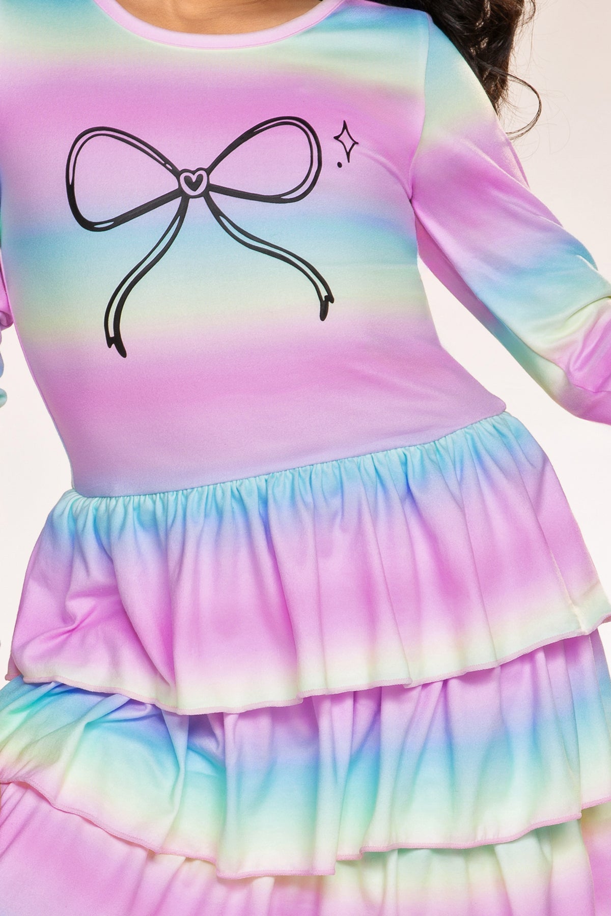 Simply Soft Long Sleeve Triple Ruffle Skirt Dress - Rainbow Gradient Bow - NEW!
