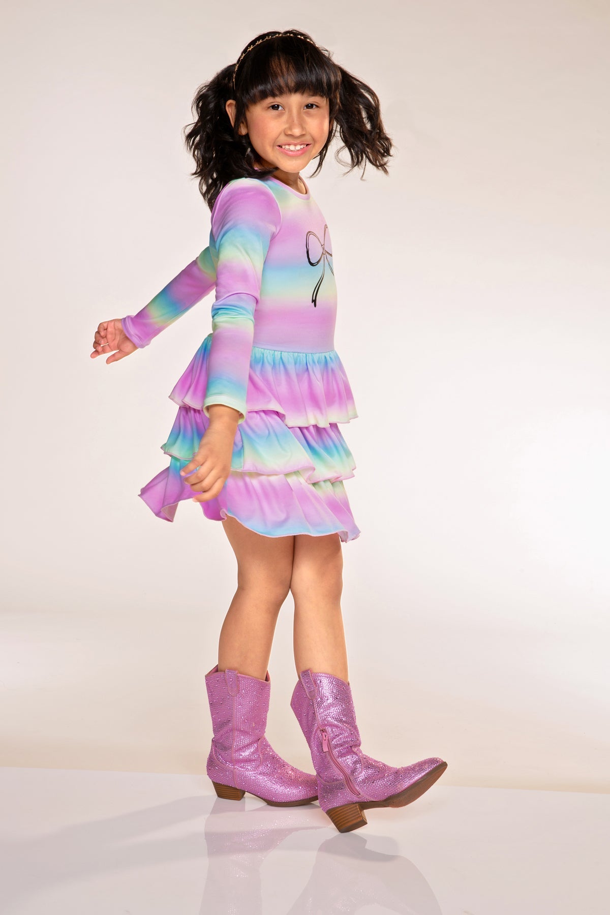 Simply Soft Long Sleeve Triple Ruffle Skirt Dress - Rainbow Gradient Bow - NEW!