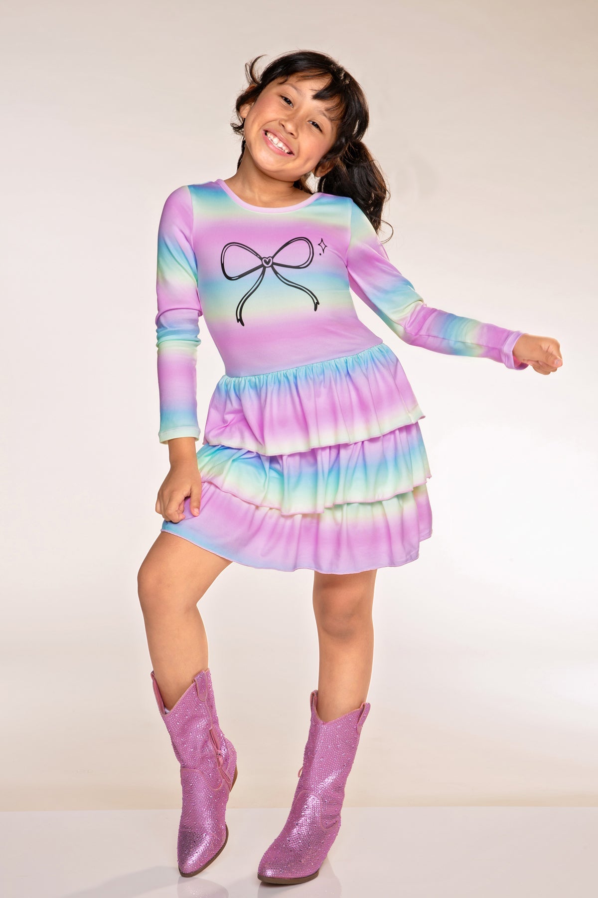 Simply Soft Long Sleeve Triple Ruffle Skirt Dress - Rainbow Gradient Bow - NEW!