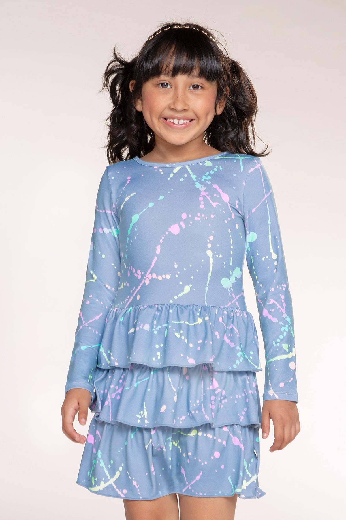 Simply Soft Long Sleeve Triple Ruffle Skirt Dress - Denim Rainbow Splatter - NEW!
