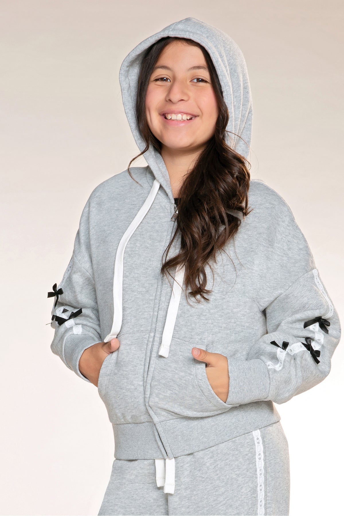 Butter French Terry Drop Shoulder Zip Hoodie - Black Pink Bow - NEW!