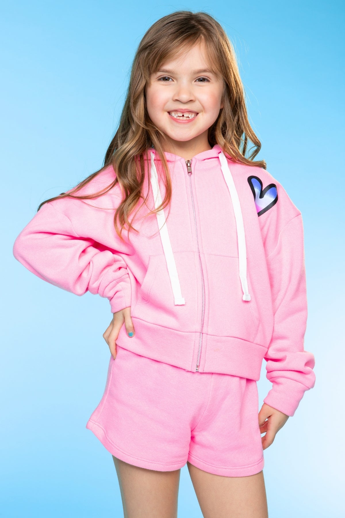 Cotton Soft French Terry Drop Shoulder Zip Hoodie - Neon Pink Heart