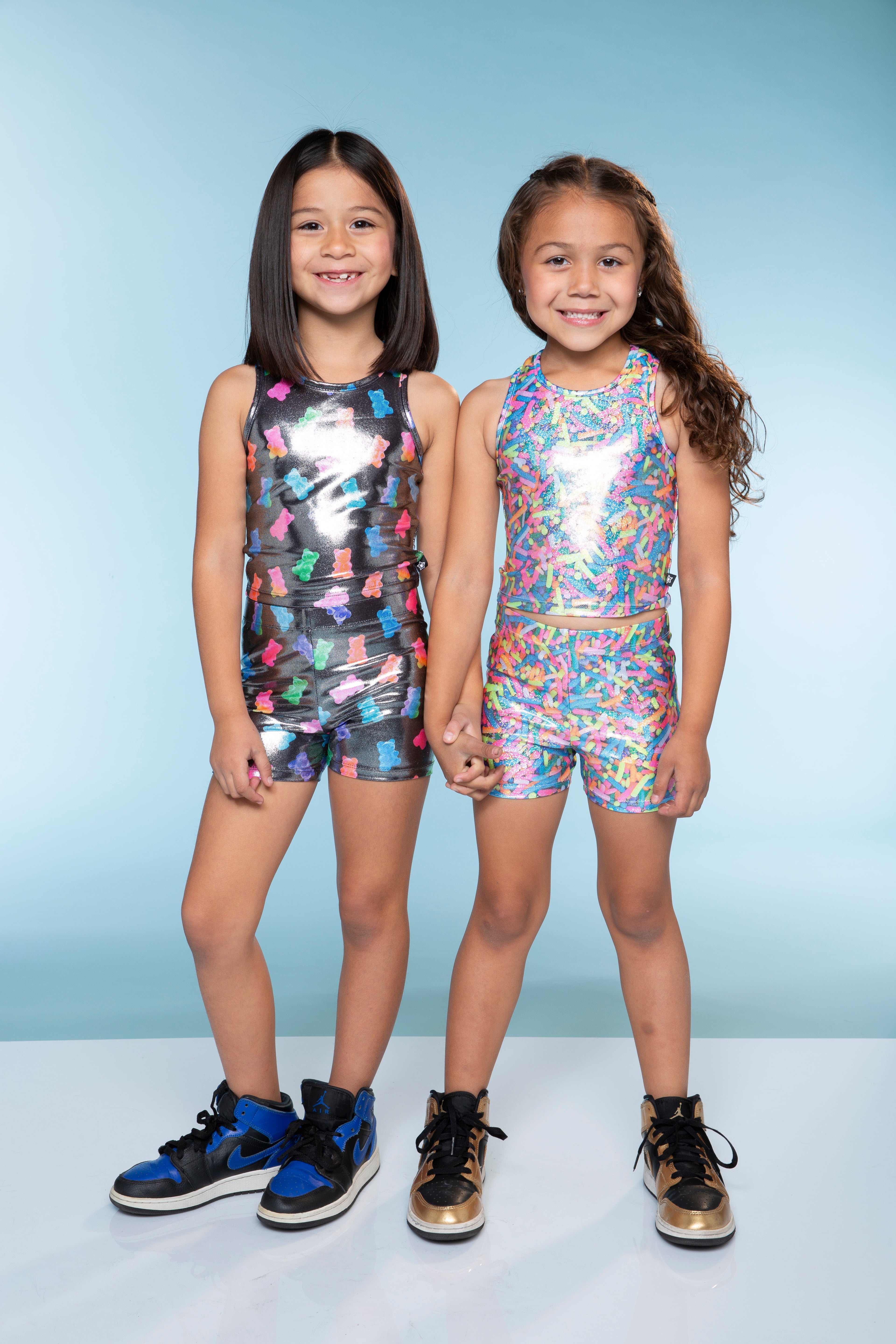 High Shine Cropped Racerback Tank & Tumble Short - Black Sparkle Rainbow Gummy Bear