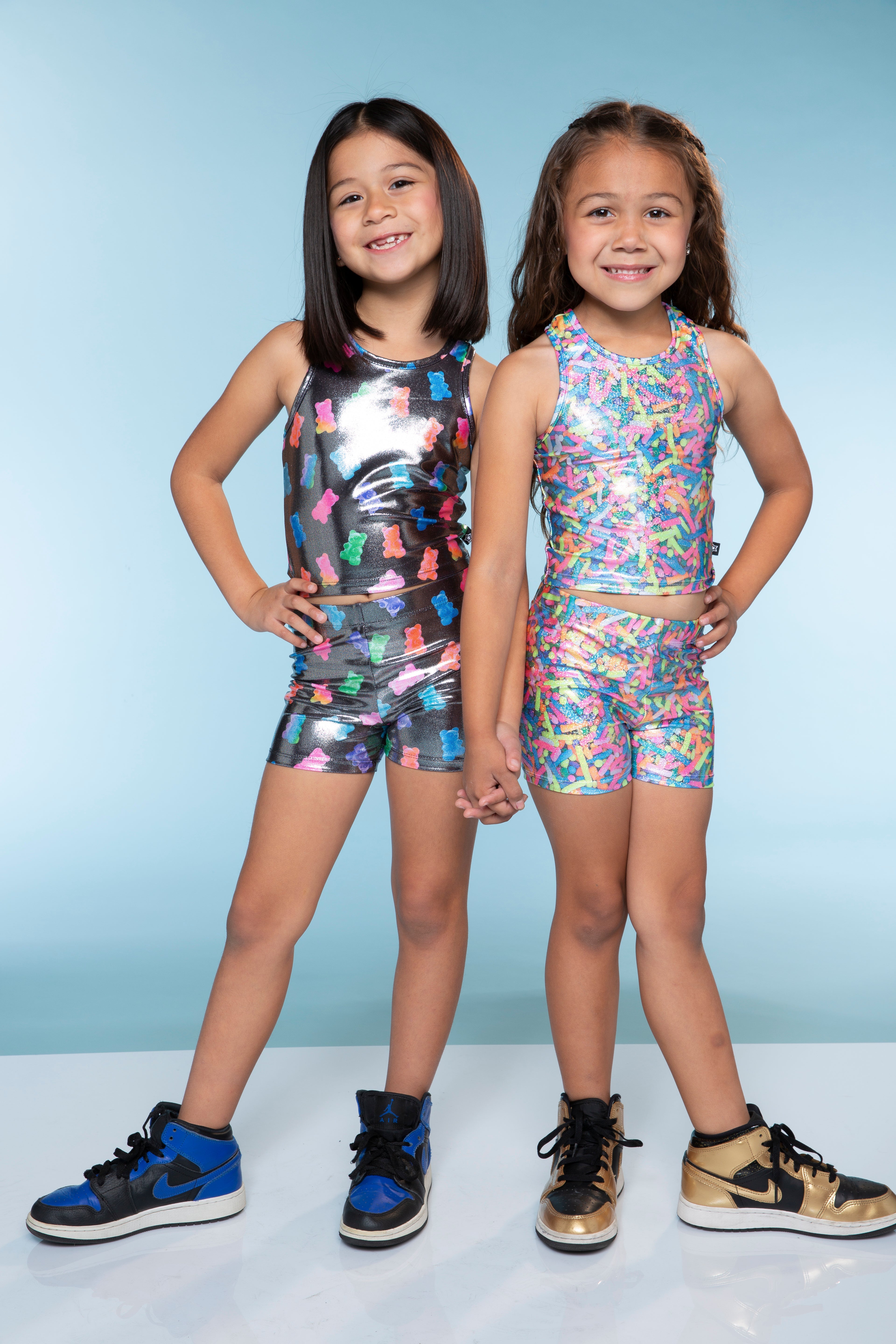 High Shine Cropped Racerback Tank & Tumble Short - Black Sparkle Rainbow Gummy Bear