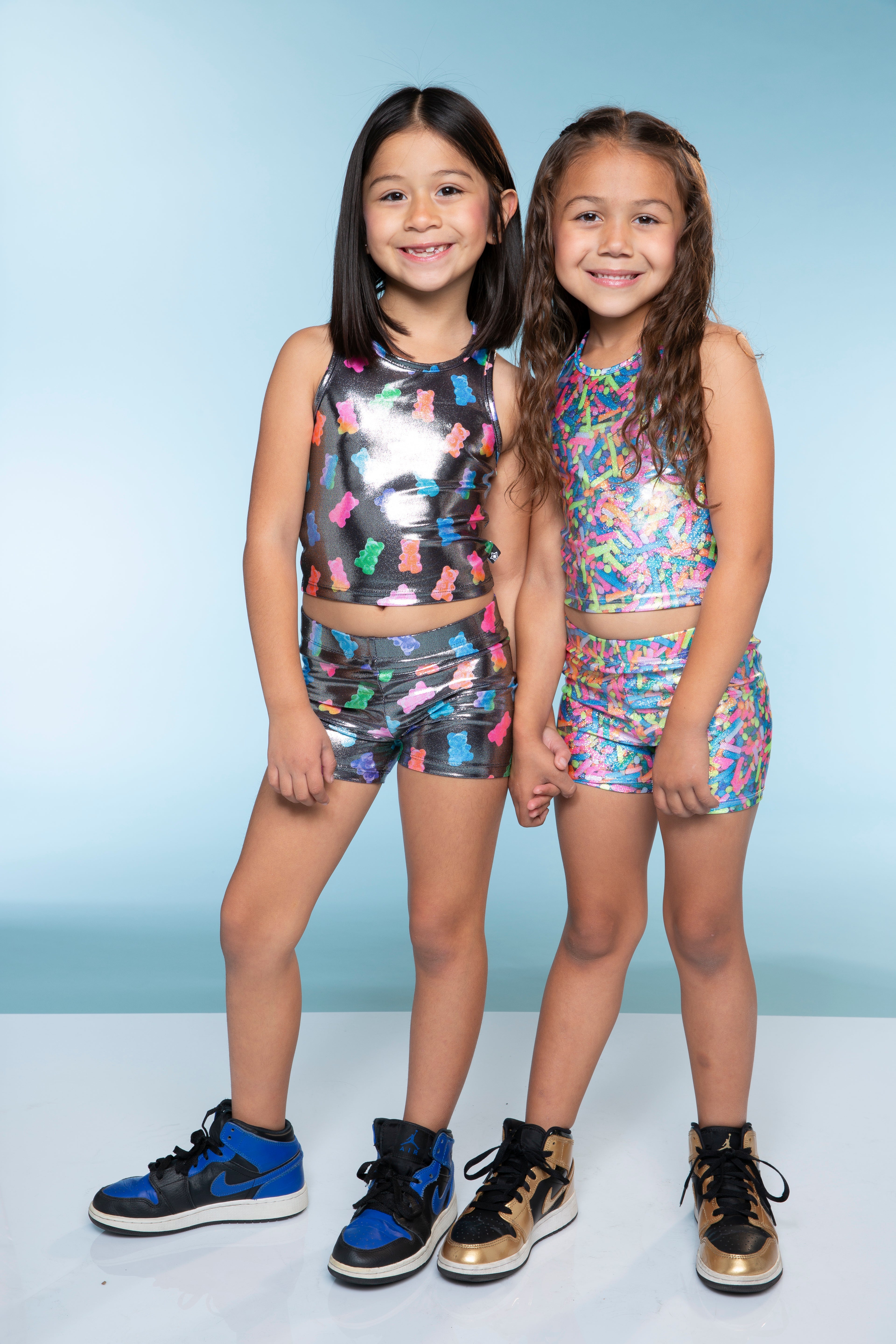 High Shine Cropped Racerback Tank & Tumble Short - Black Sparkle Rainbow Gummy Bear