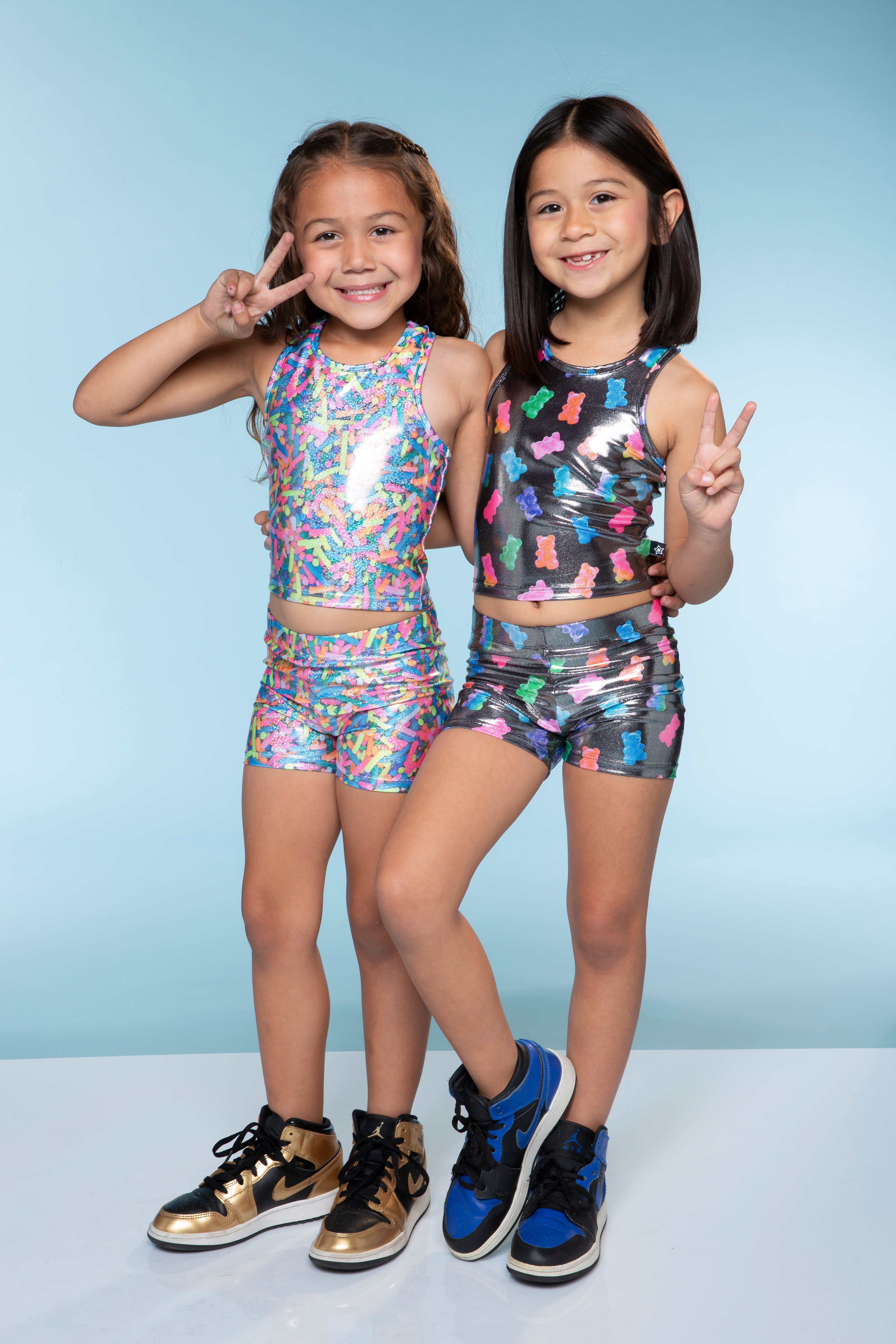 High Shine Cropped Racerback Tank & Tumble Short - Black Sparkle Rainbow Gummy Bear