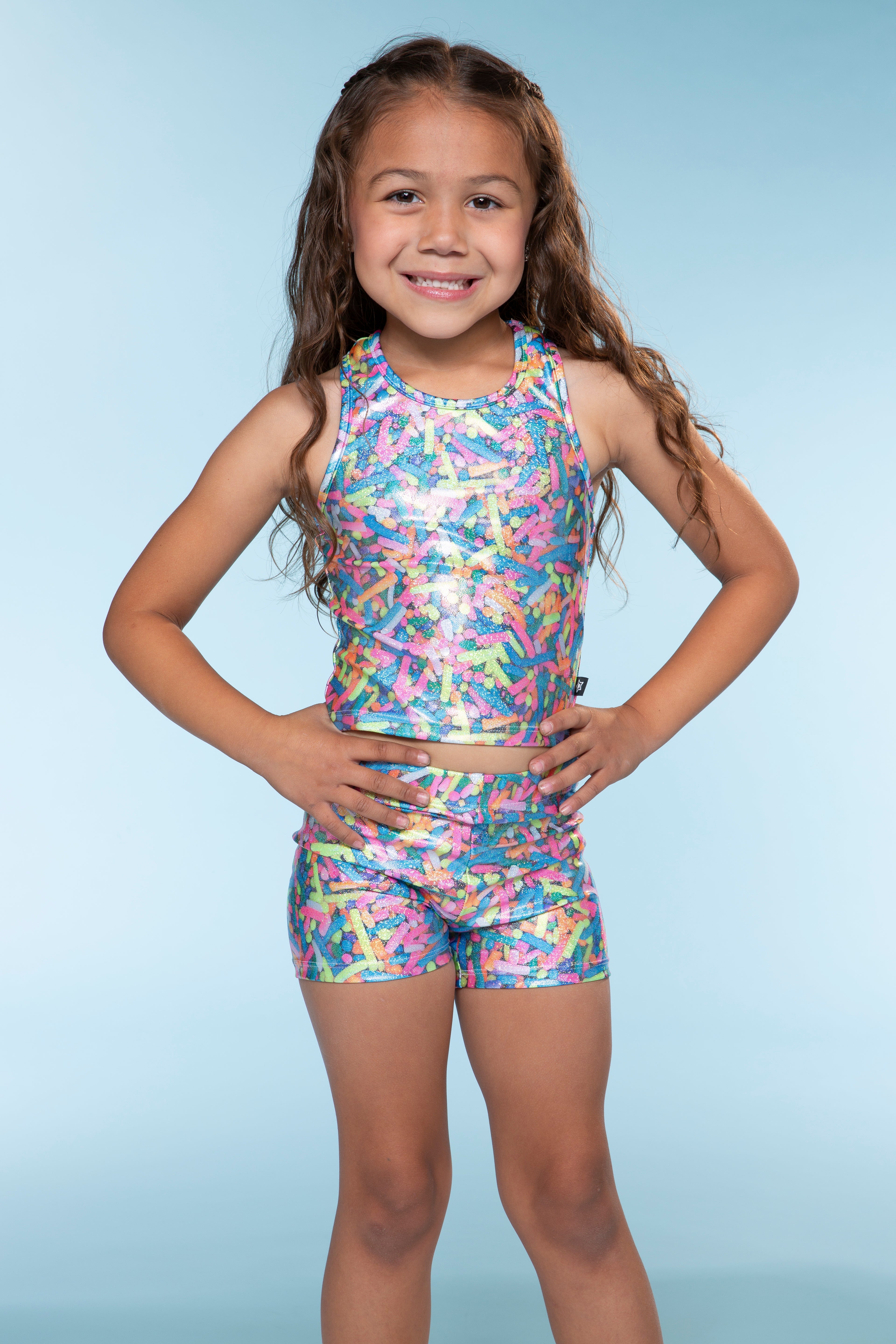 High Shine Cropped Racerback Tank & Tumble Short - Black Sparkle Rainbow Gummy Bear