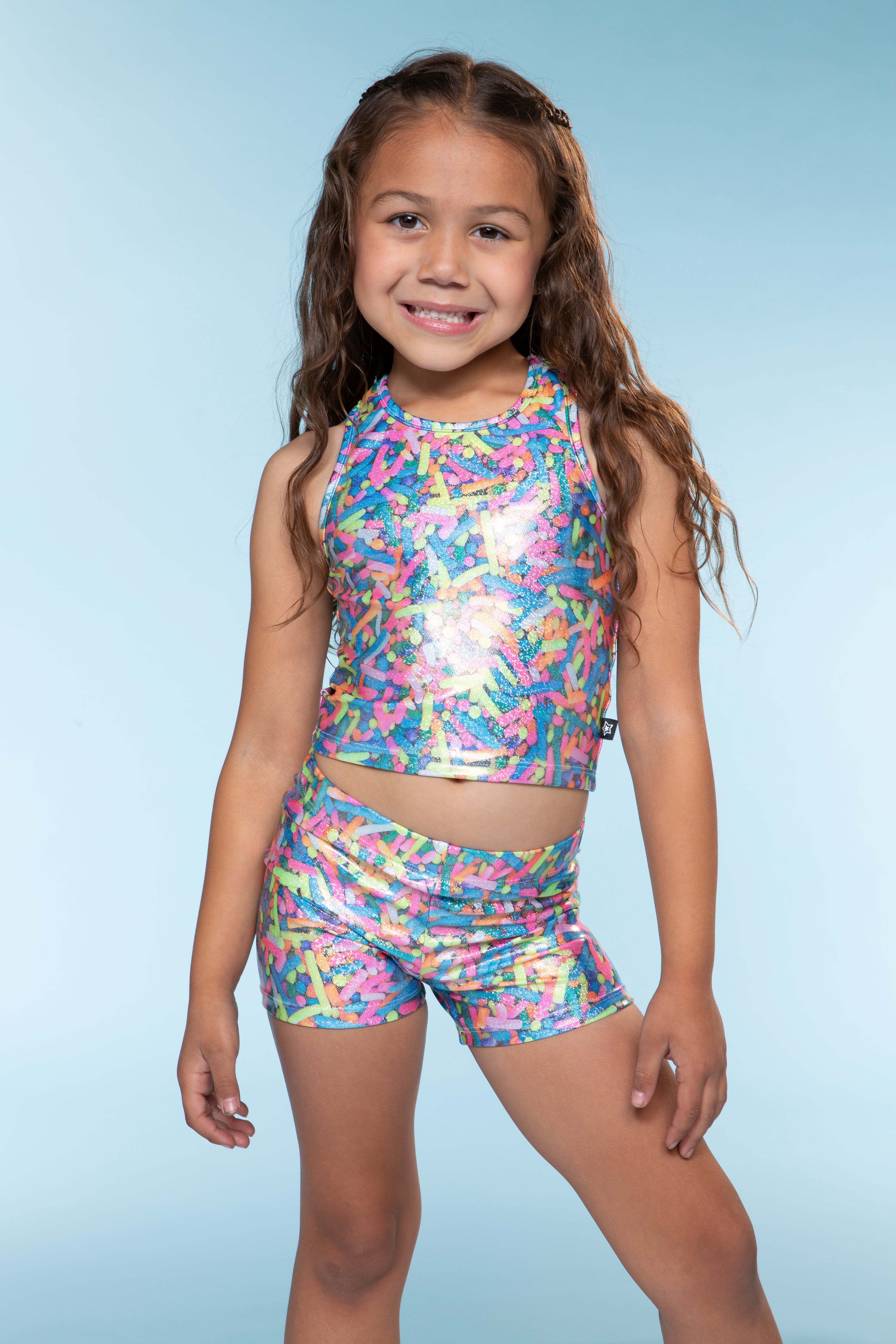 High Shine Cropped Racerback Tank & Tumble Short - Black Sparkle Rainbow Gummy Bear