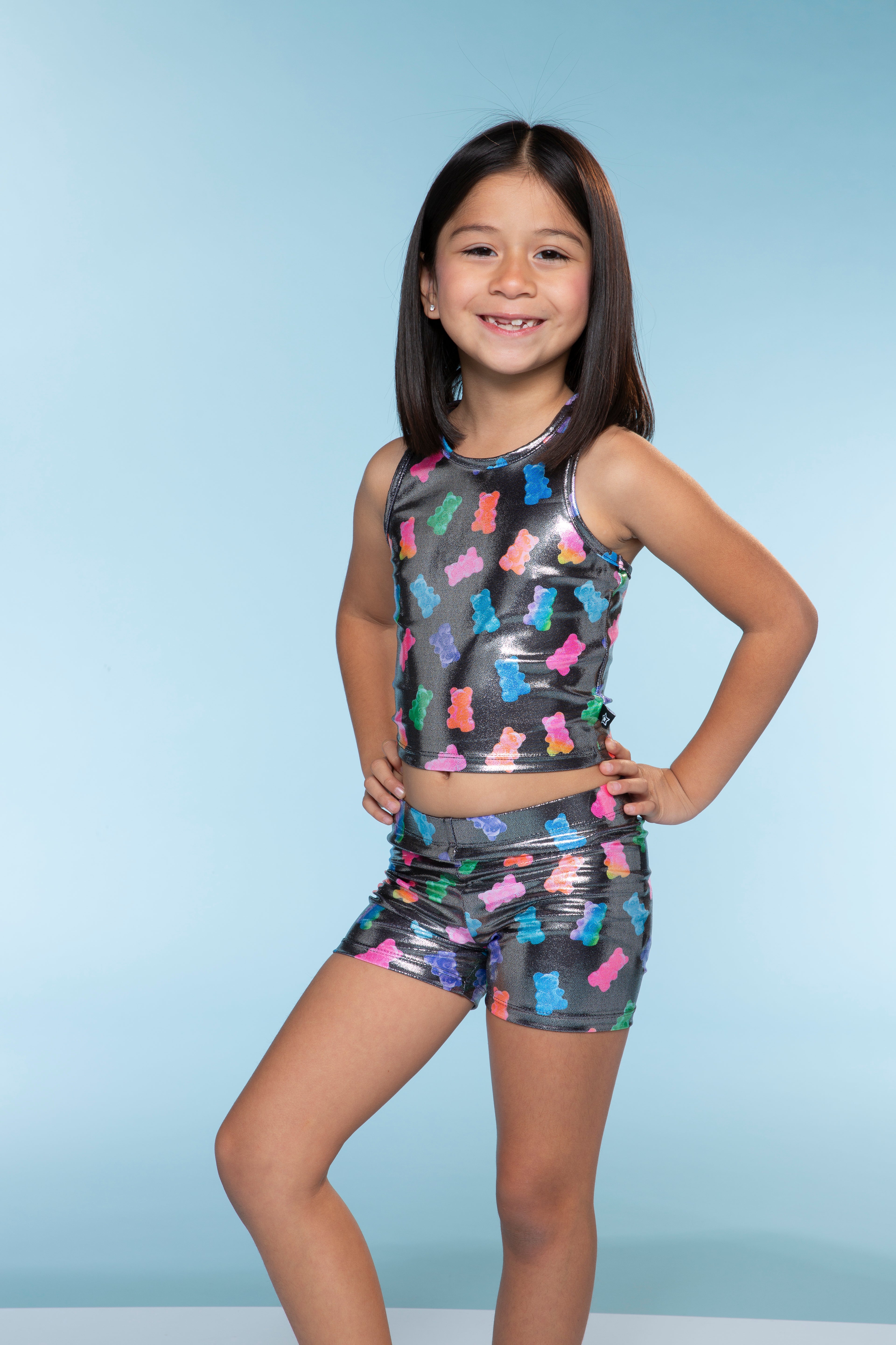 High Shine Cropped Racerback Tank & Tumble Short - Black Sparkle Rainbow Gummy Bear