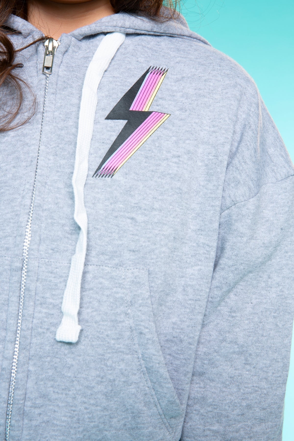 Cotton Soft French Terry Drop Shoulder Zip Hoodie - Neon Pink Heart