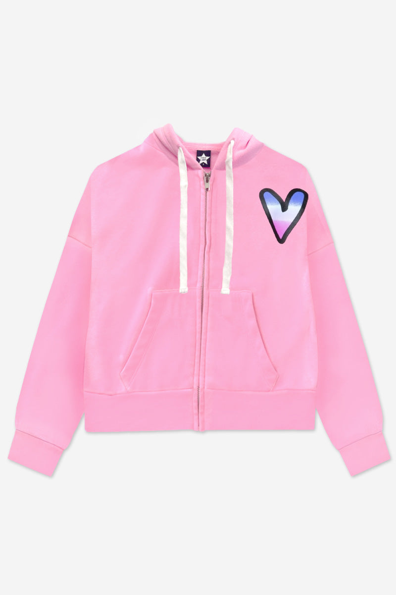 Cotton Soft French Terry Drop Shoulder Zip Hoodie - Neon Pink Heart