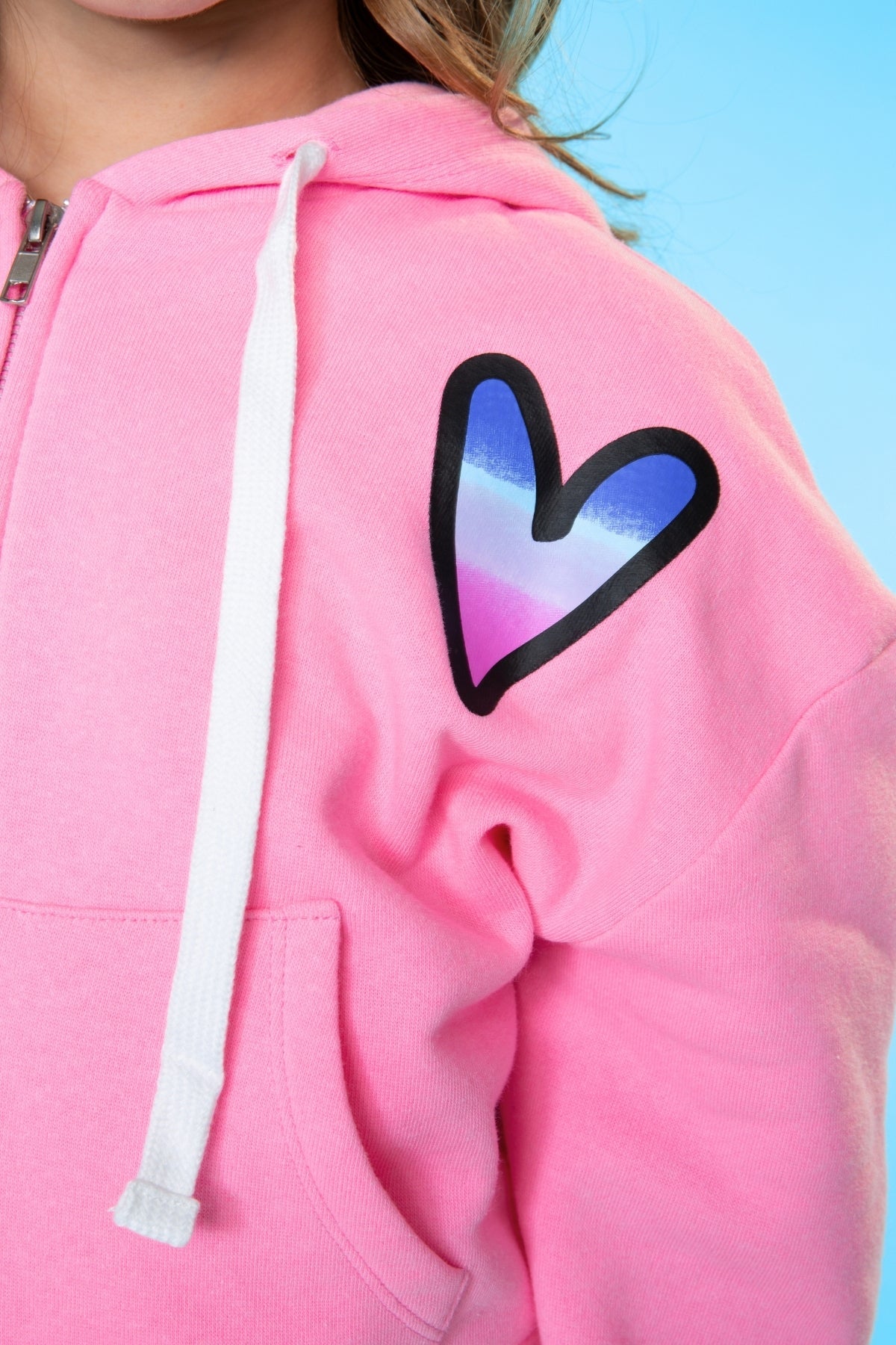 Cotton Soft French Terry Drop Shoulder Zip Hoodie - Neon Pink Heart