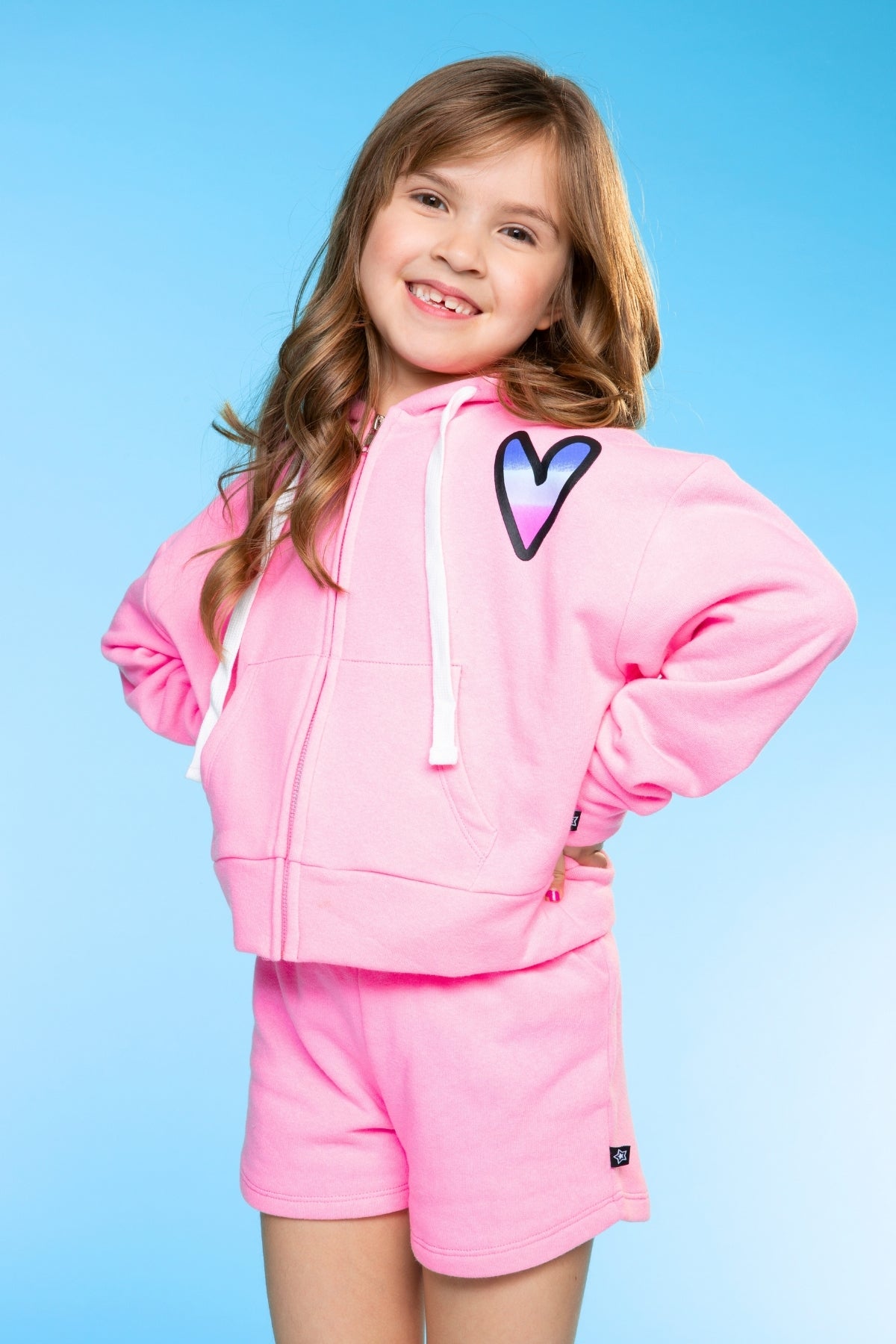 Cotton Soft French Terry Drop Shoulder Zip Hoodie - Neon Pink Heart