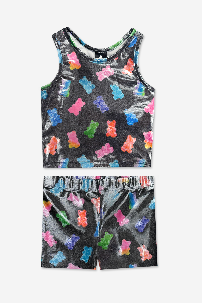 High Shine Cropped Racerback Tank & Tumble Short - Black Sparkle Rainbow Gummy Bear