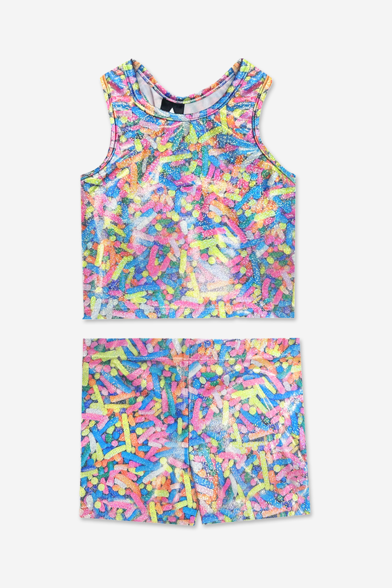 High Shine Cropped Racerback Tank & Tumble Short - Black Sparkle Rainbow Gummy Bear