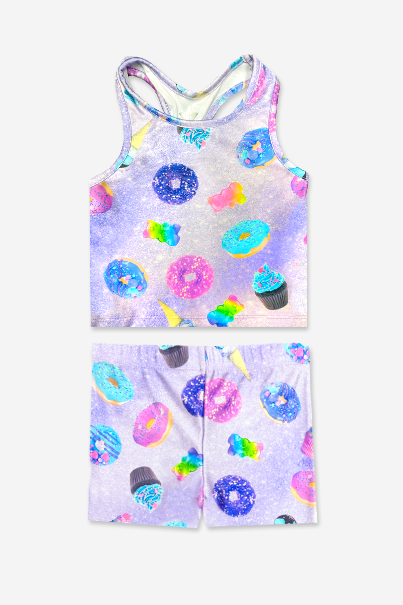 High Shine Cropped Racerback Tank & Tumble Short - Black Sparkle Rainbow Gummy Bear