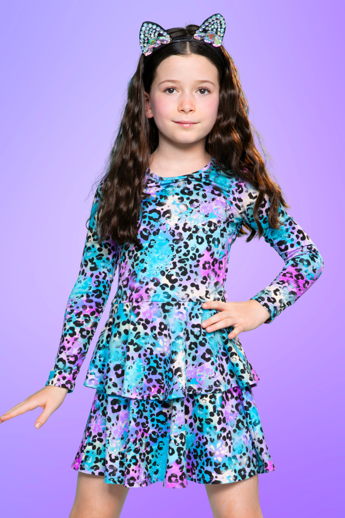 Simply Soft Long Sleeve Ruffle Skirt Dress - Black Rainbow Hearts