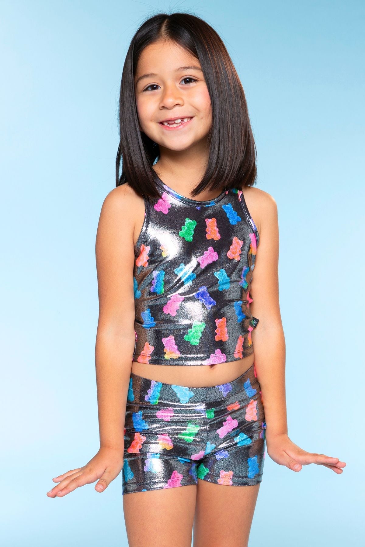 High Shine Cropped Racerback Tank & Tumble Short - Black Sparkle Rainbow Gummy Bear