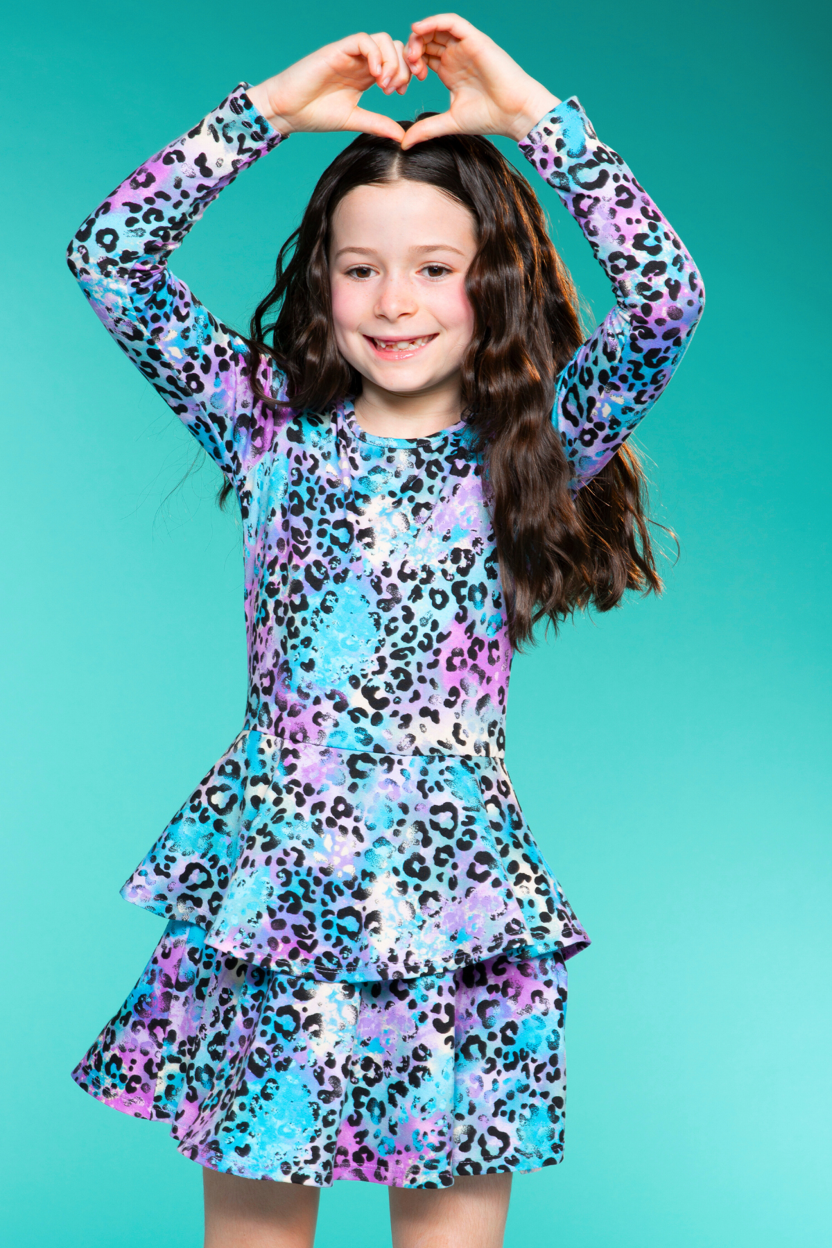 Simply Soft Long Sleeve Ruffle Skirt Dress - Black Rainbow Hearts
