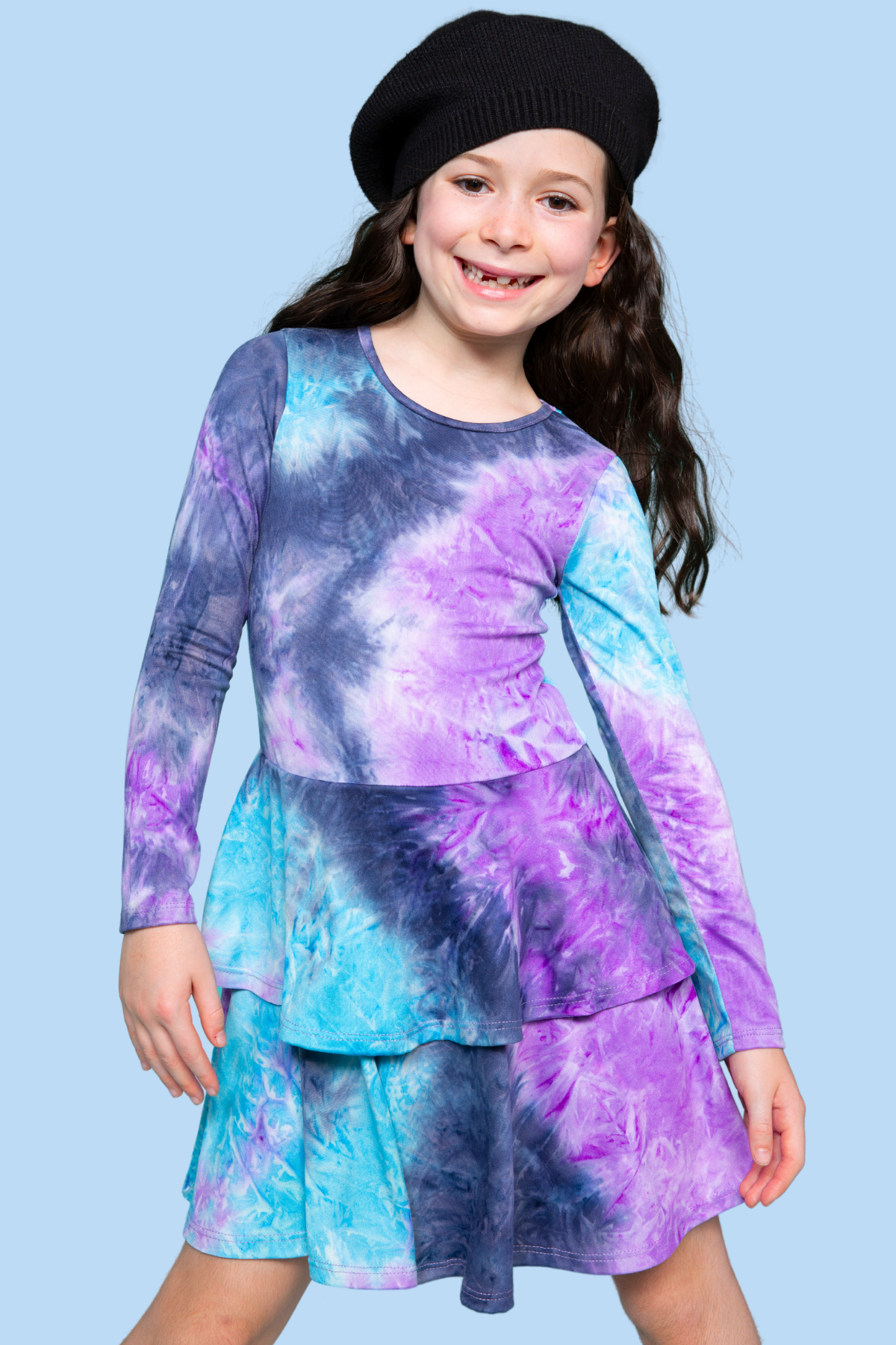 Simply Soft Long Sleeve Ruffle Skirt Dress - Black Rainbow Hearts