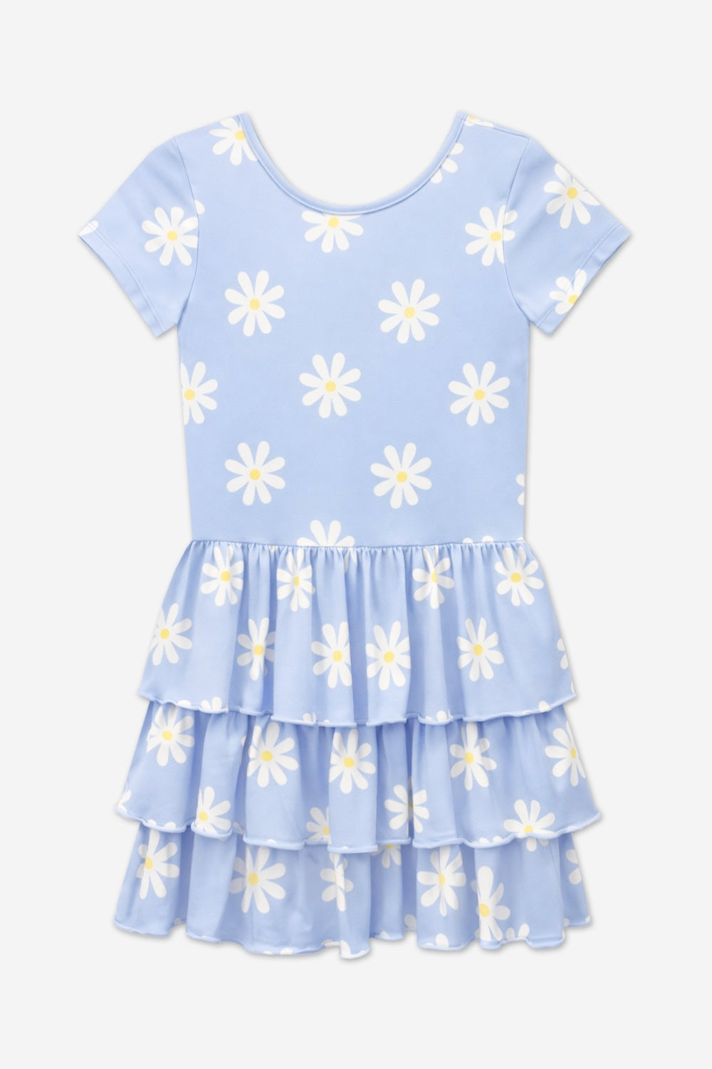 Simply Soft Short Sleeve Triple Ruffle Dress - Lt Blue Neon Pink