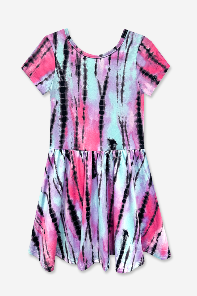 Simply Soft Short Sleeve Scoop Back Be Happy Dress - Pink Tie Dye Cherry Bow
