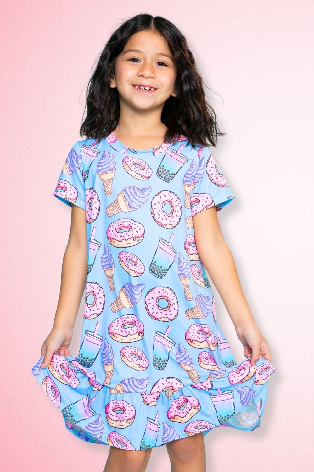 Simply Soft Short Sleeve Ruffle Lounge Dress - Lilac Rainbow Gummy Bear