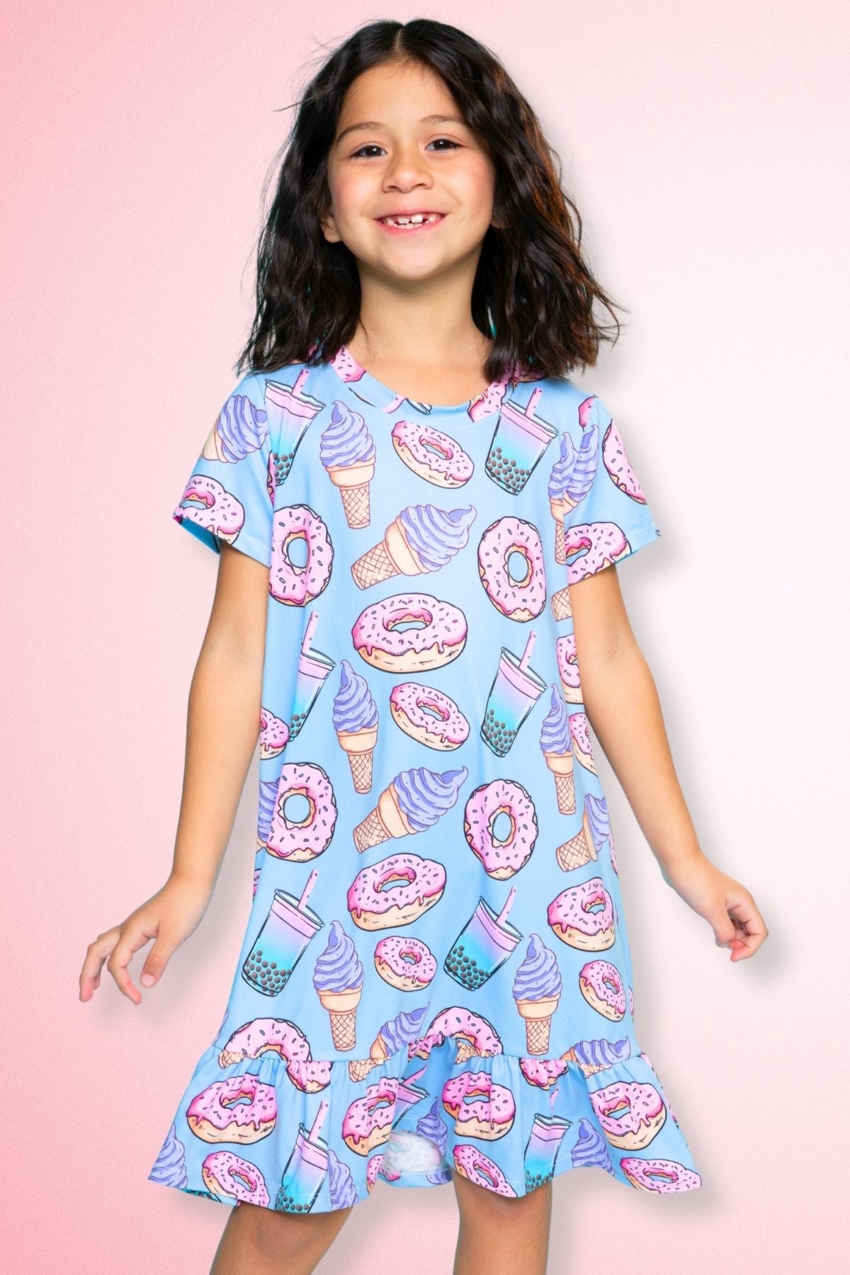 Simply Soft Short Sleeve Ruffle Lounge Dress - Lilac Rainbow Gummy Bear