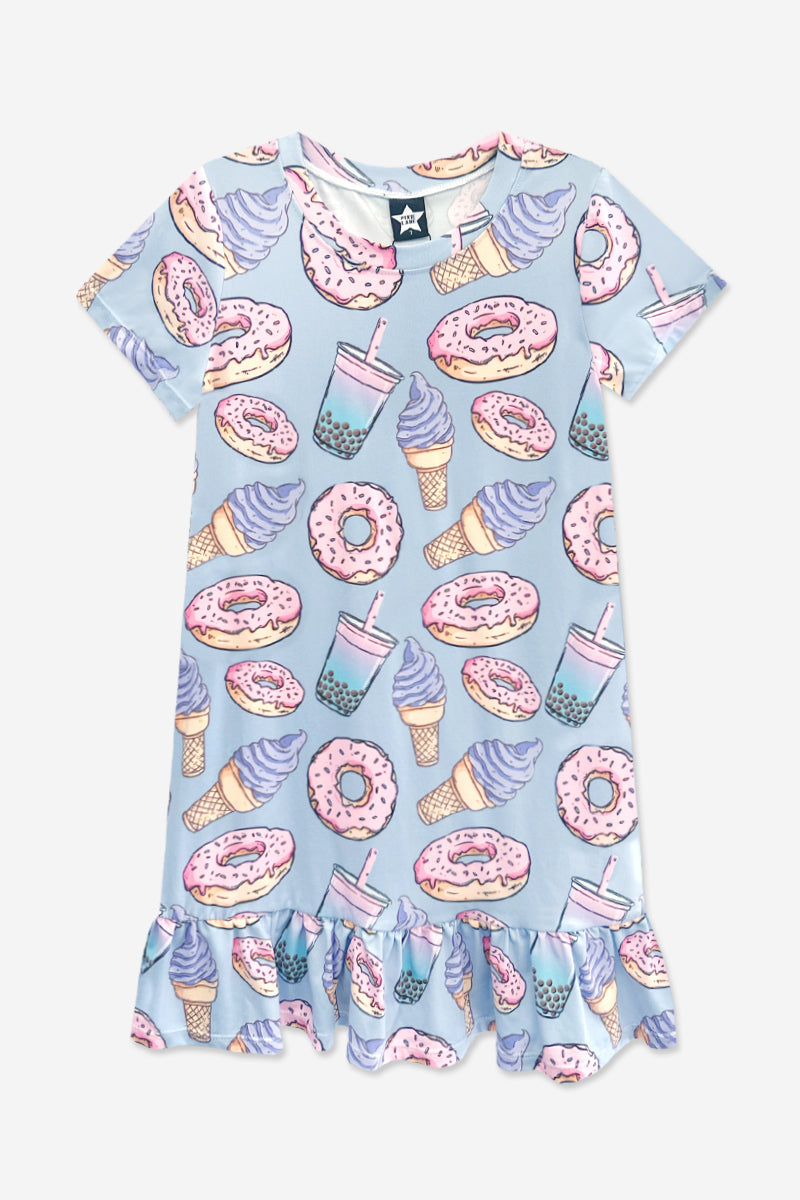 Simply Soft Short Sleeve Ruffle Lounge Dress - Lilac Rainbow Gummy Bear