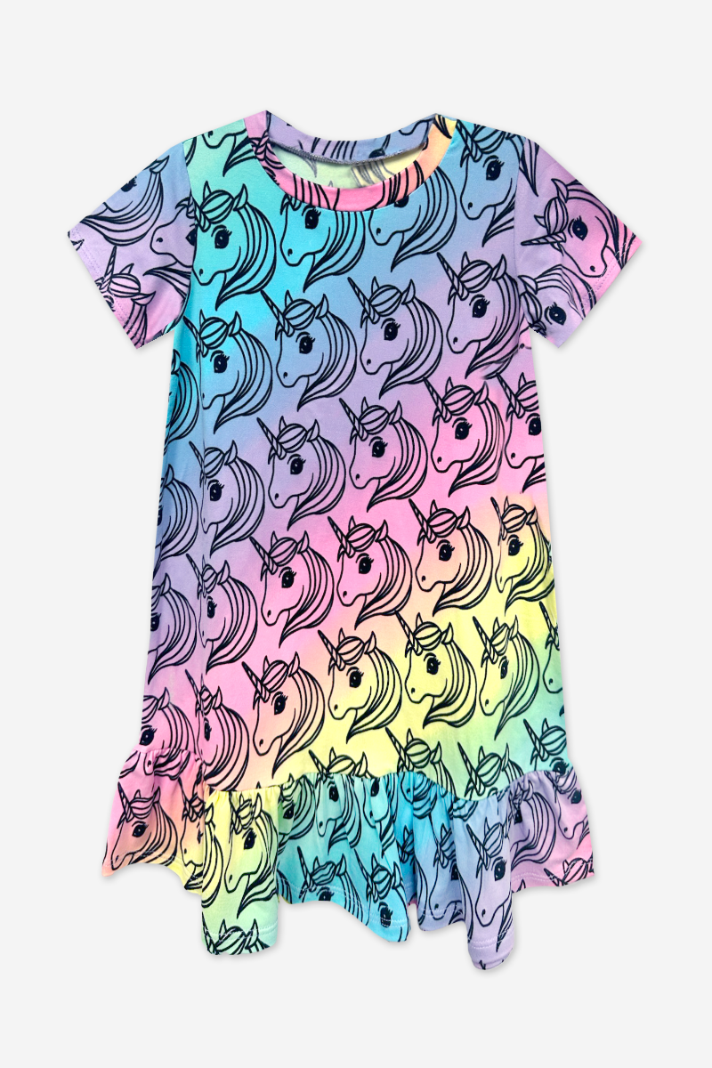 Simply Soft Short Sleeve Ruffle Lounge Dress - Lilac Rainbow Gummy Bear