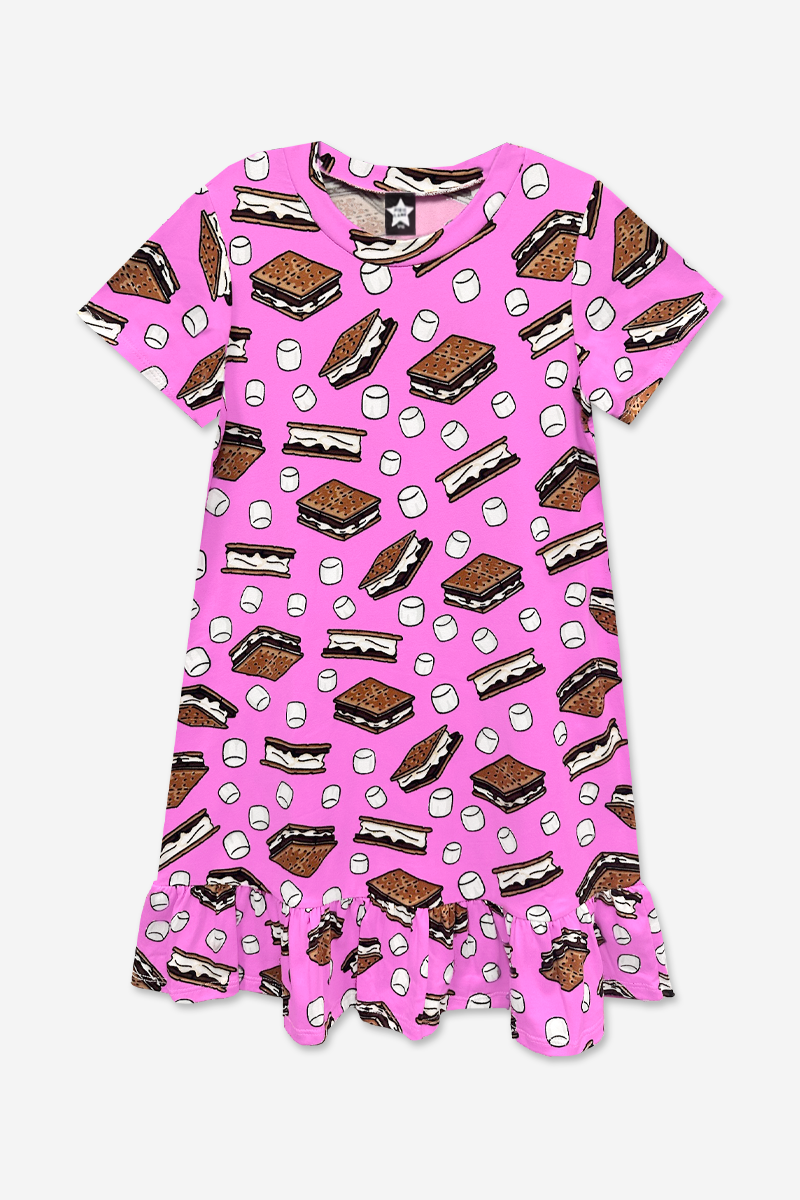 Simply Soft Short Sleeve Ruffle Lounge Dress - Lilac Rainbow Gummy Bear