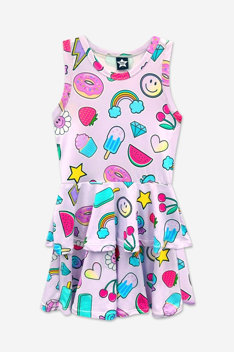 Simply Soft Racerback Ruffle Skirt Dress - Blue White Emojis Stickers