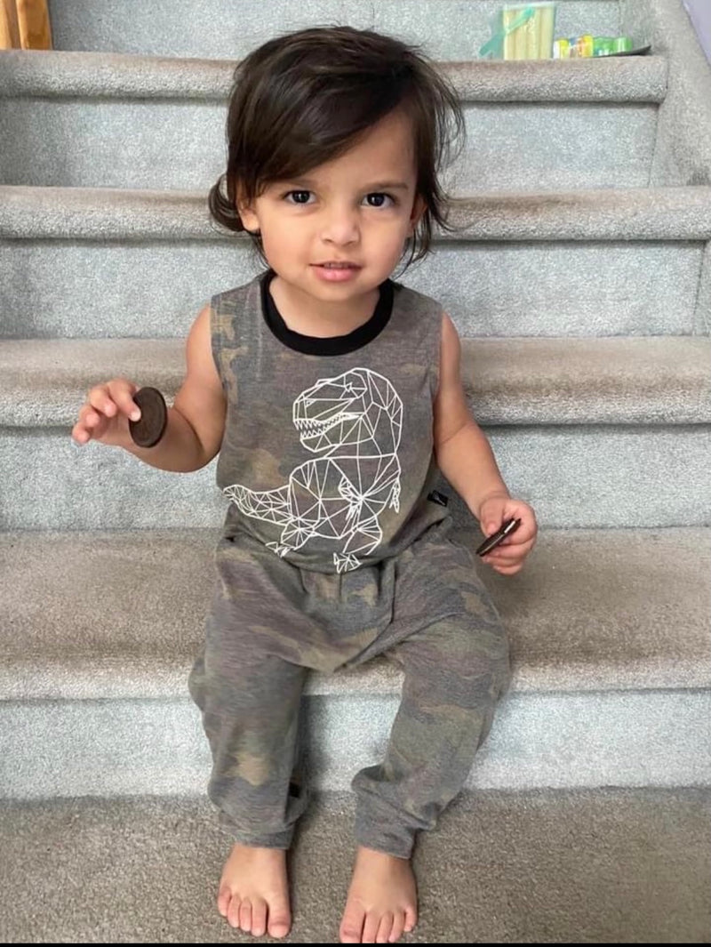 Young boy wearing a brown dinosaur tanktop shirt.