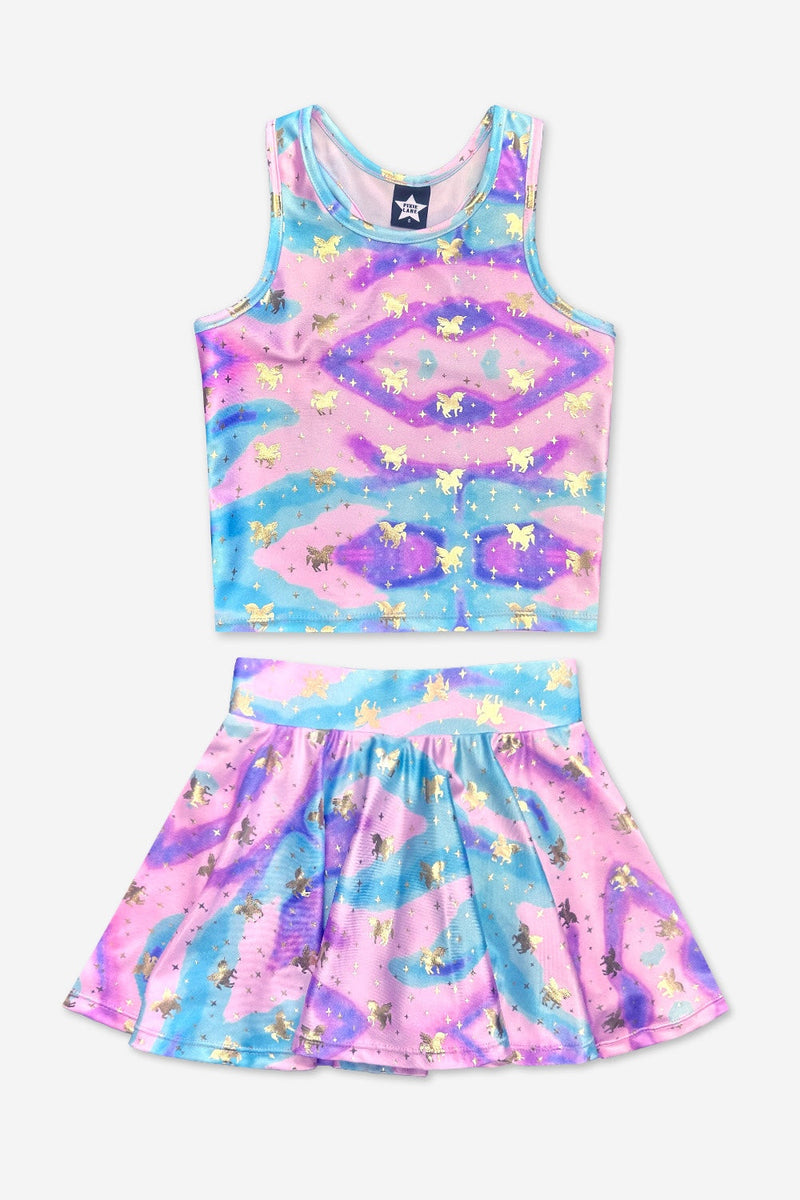 High Shine Cropped Racerback Tank & Skort - Rainbow Gold Unicorn Star