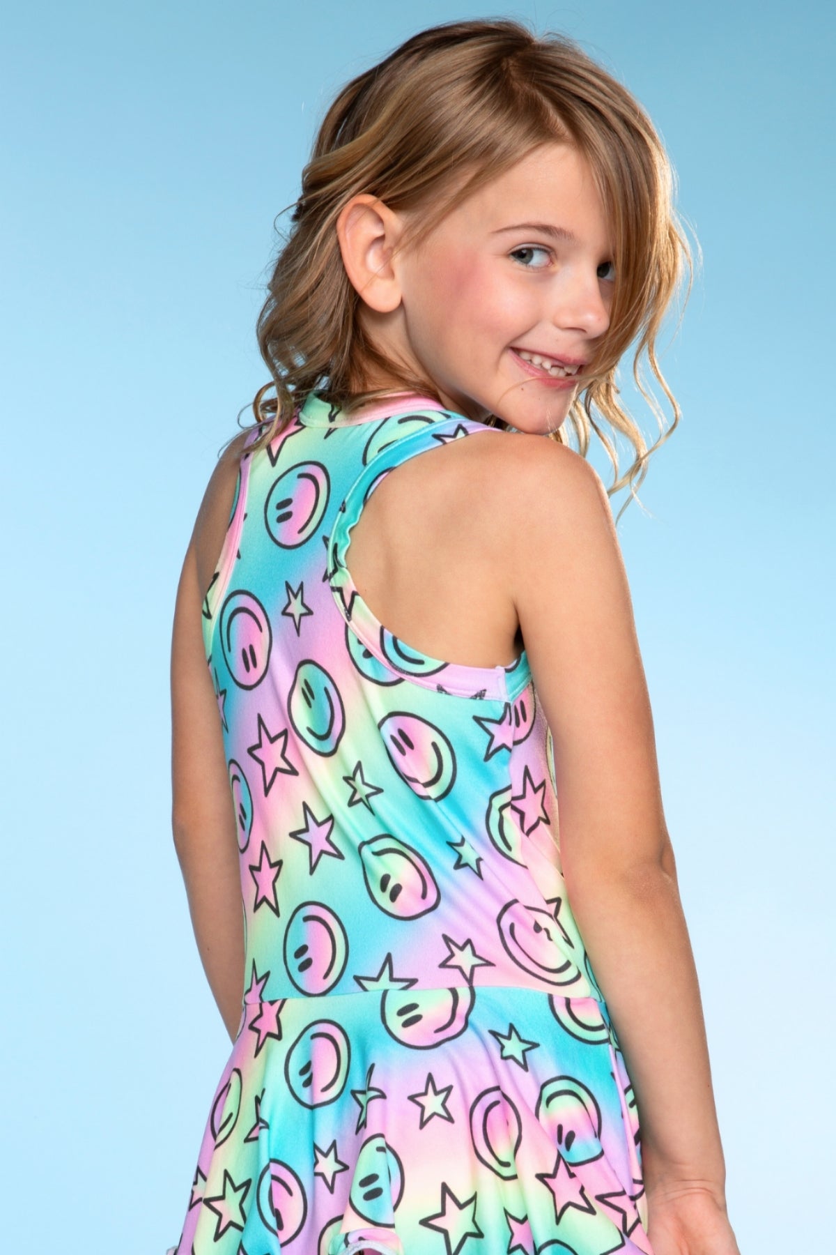 2 Pack Simply Soft Racerback Ruffle Skirt Dress - Pink Bleach Tie Dye | Blue White Emojis Stickers