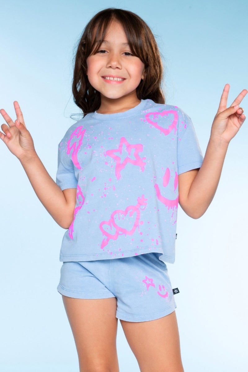 Vintage Washed Cotton Easy Tee & Dolphin Short Set - Light Blue Icons