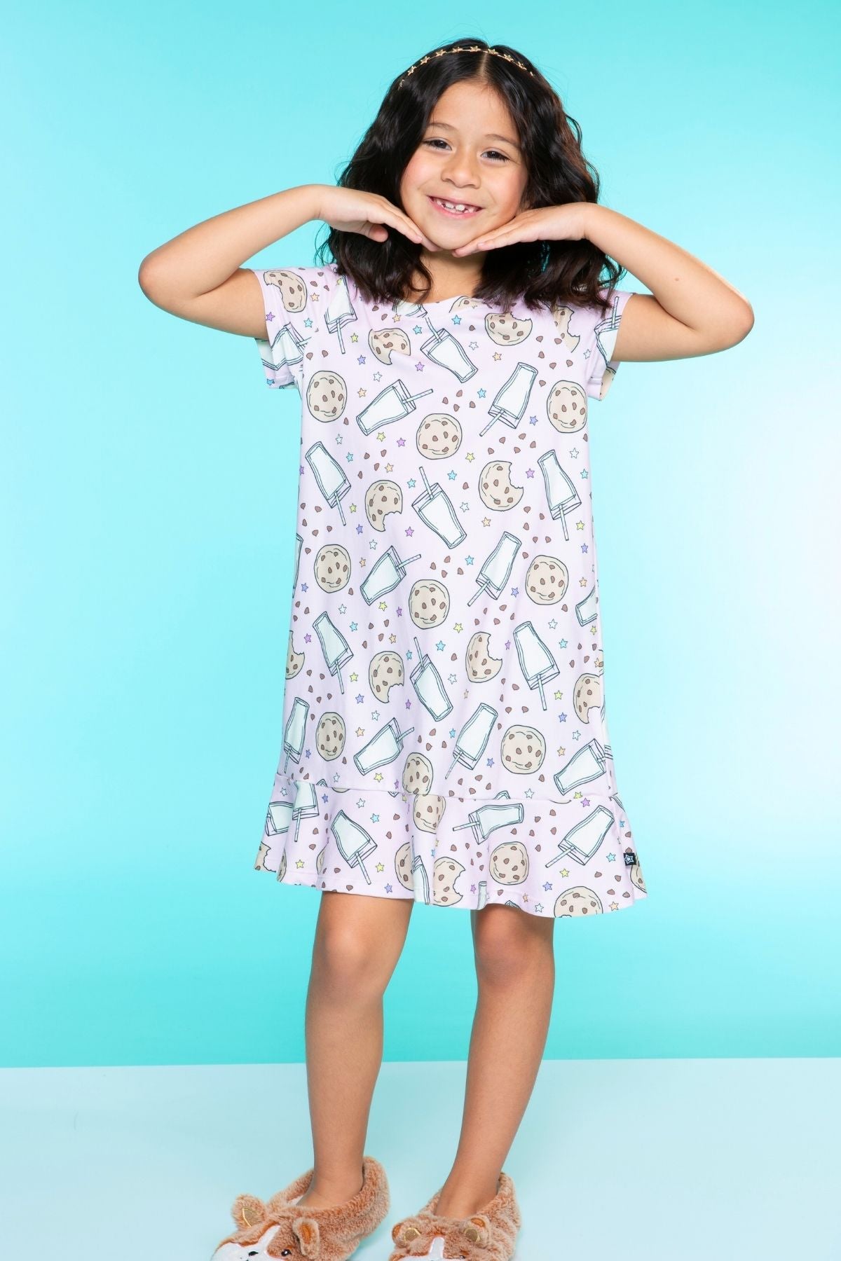 Simply Soft Short Sleeve Ruffle Lounge Dress - Pink Rainbow Bow Cherry - NEW