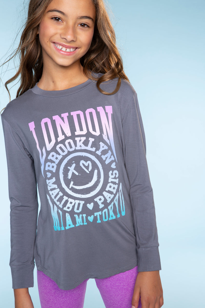 Modal Long Sleeve Shirttail Top - Grey Pink Cities