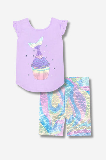 Multipack: Modal Flutter Sleeve Shirttail Top & High Shine Biker Short - Lavender Mermaid Cupcake | Foil Rainbow Mermaid