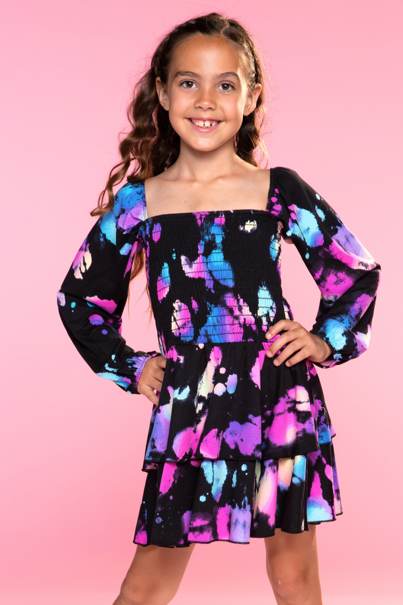 Simply Soft Long Sleeve Smocked Ruffle Skirt Dress - Black Pink Bleach Tie Dye