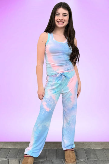 Simply Soft Racer Tank & Easy Jogger Set - Pink Aqua Denim Tie Dye