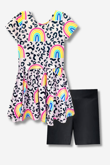 Multipack: Simply Soft Short Sleeve Be Happy Dress & High Shine Biker Short - Pink Leopard Rainbow | Black
