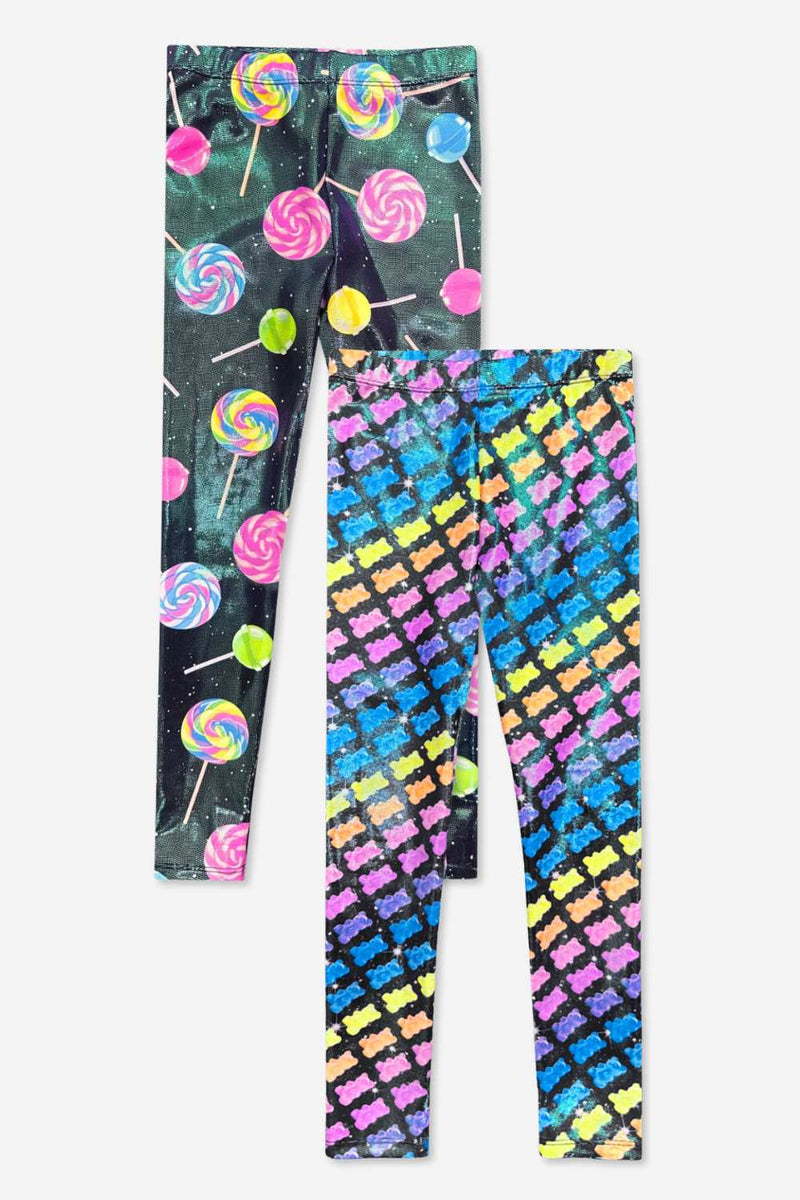 2-Pack Glitter Foil High Shine Legging. - Black Sparkle Rainbow Gummy Bear | Black Lollipops