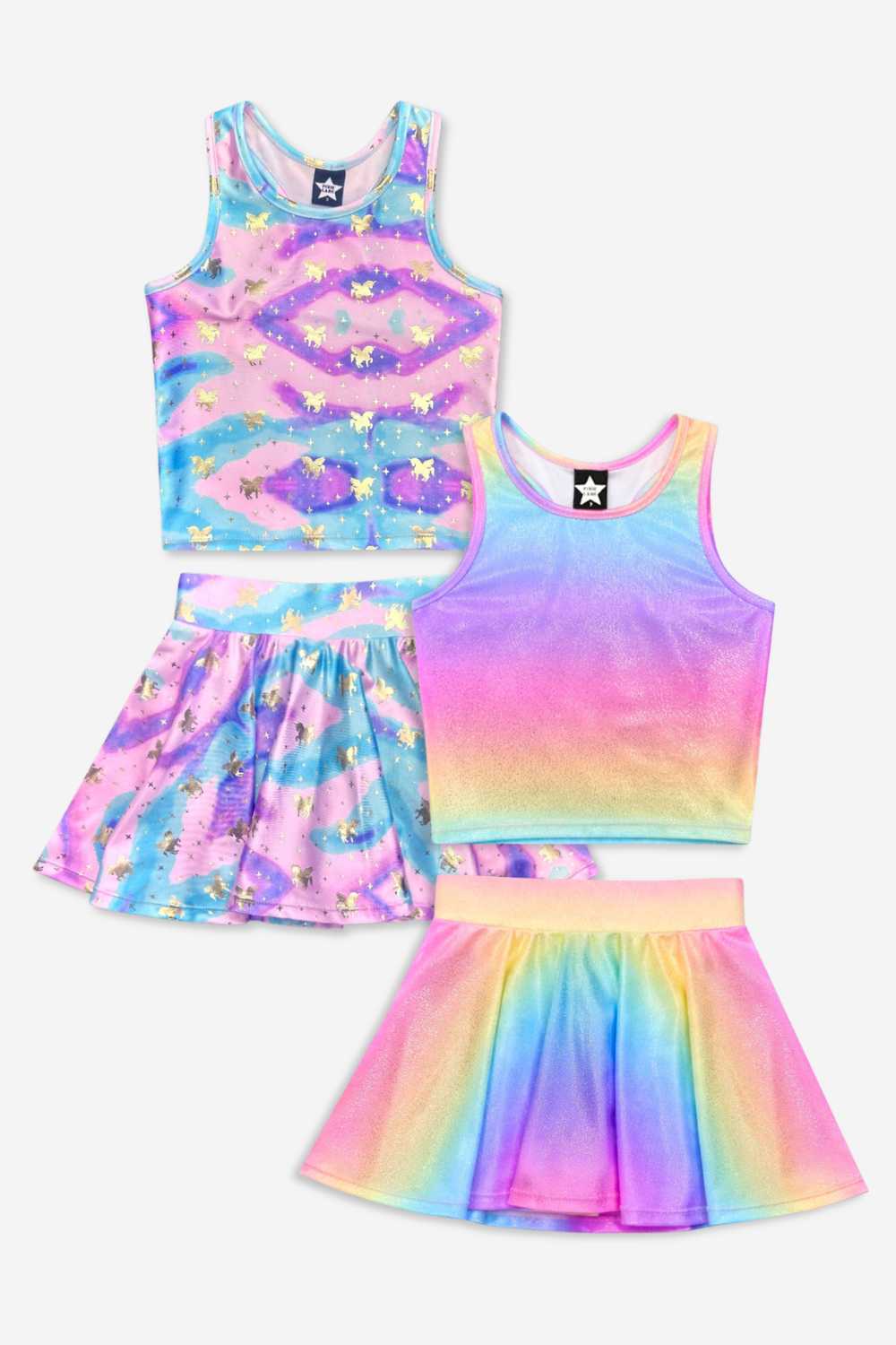 2 Pack High Shine Cropped Racerback Tank & Skort - Rainbow Glitter | Rainbow Gold Unicorn Star