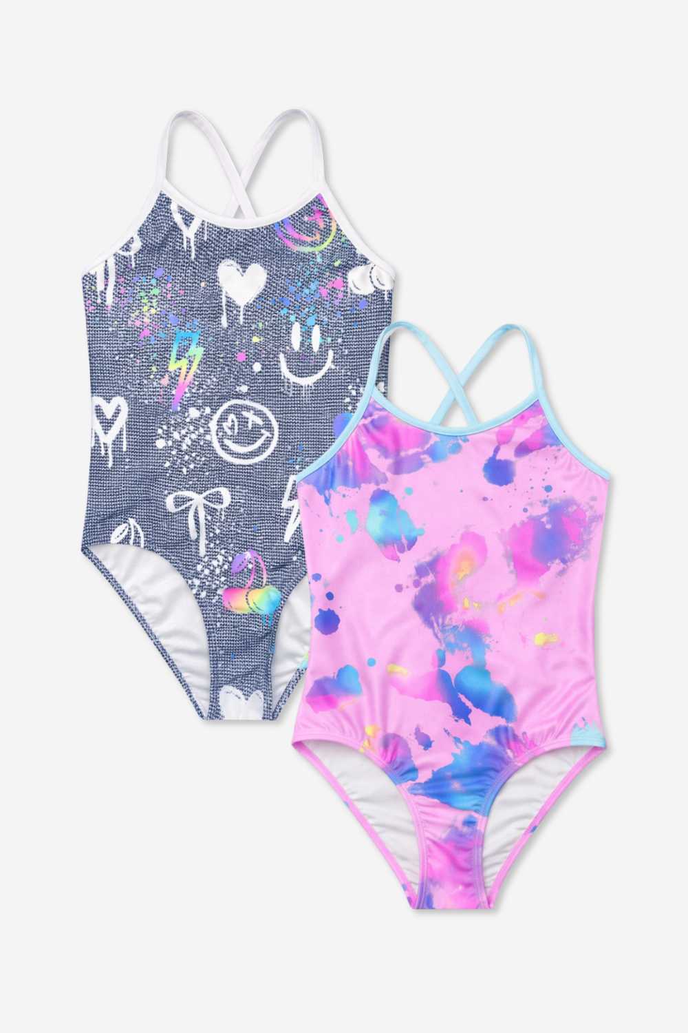 2 Pack - Strappy One Piece Swimsuit - Vintage Denim Graffiti  Elements | Pink Bleach Tie Dye